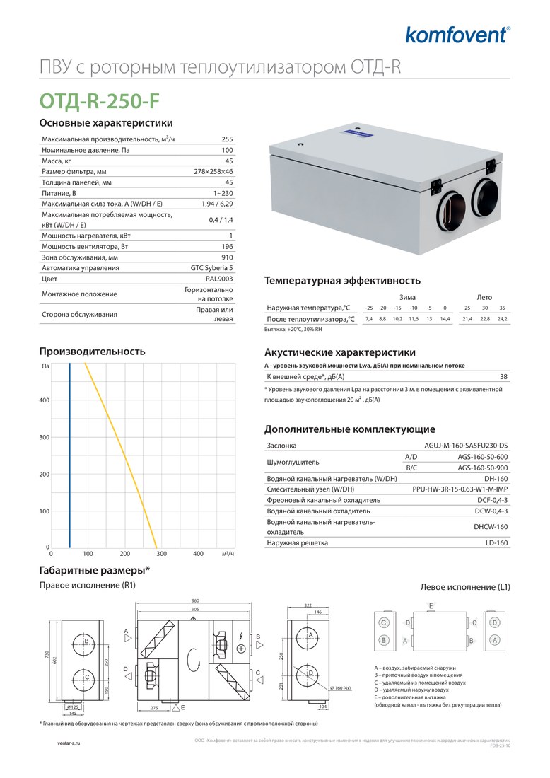 Приточно-вытяжная установка Komfovent ОТД-R-250-F-E (ротор L/A, фильтры F7/M5)