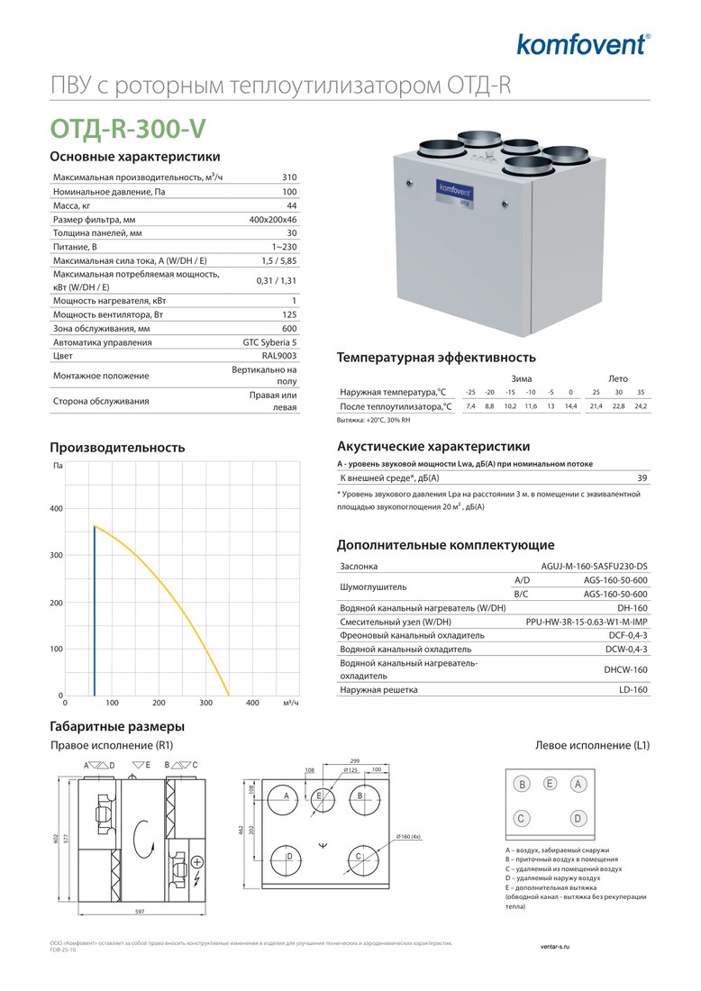 Приточно-вытяжная установка Komfovent ОТД-R-300-V-E (ротор L/A, фильтры M5/M5)