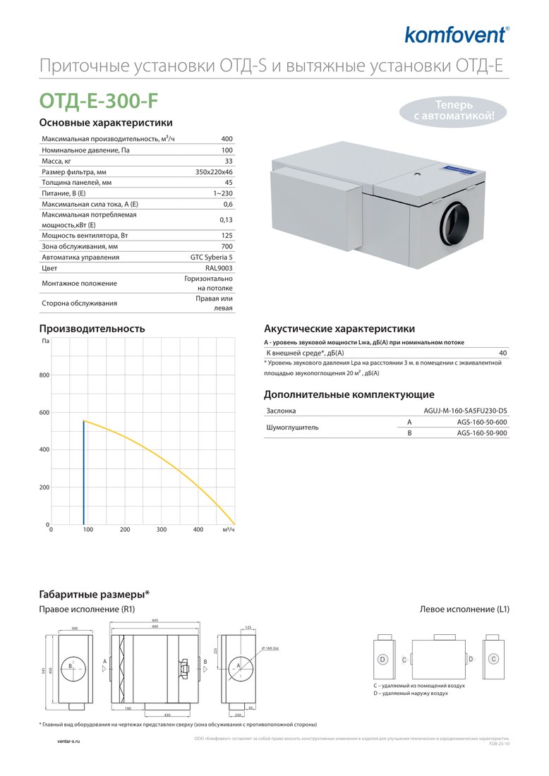 Вытяжная установка Komfovent ОТД-E-300-F-GTC (фильтры M5/M5, с автоматикой GTC)